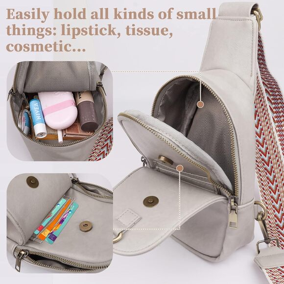 Women’s Sling Crossbody Bag Soft PU Leather Wide Woven Strap Chest Travel Grey - Picture 5 of 8